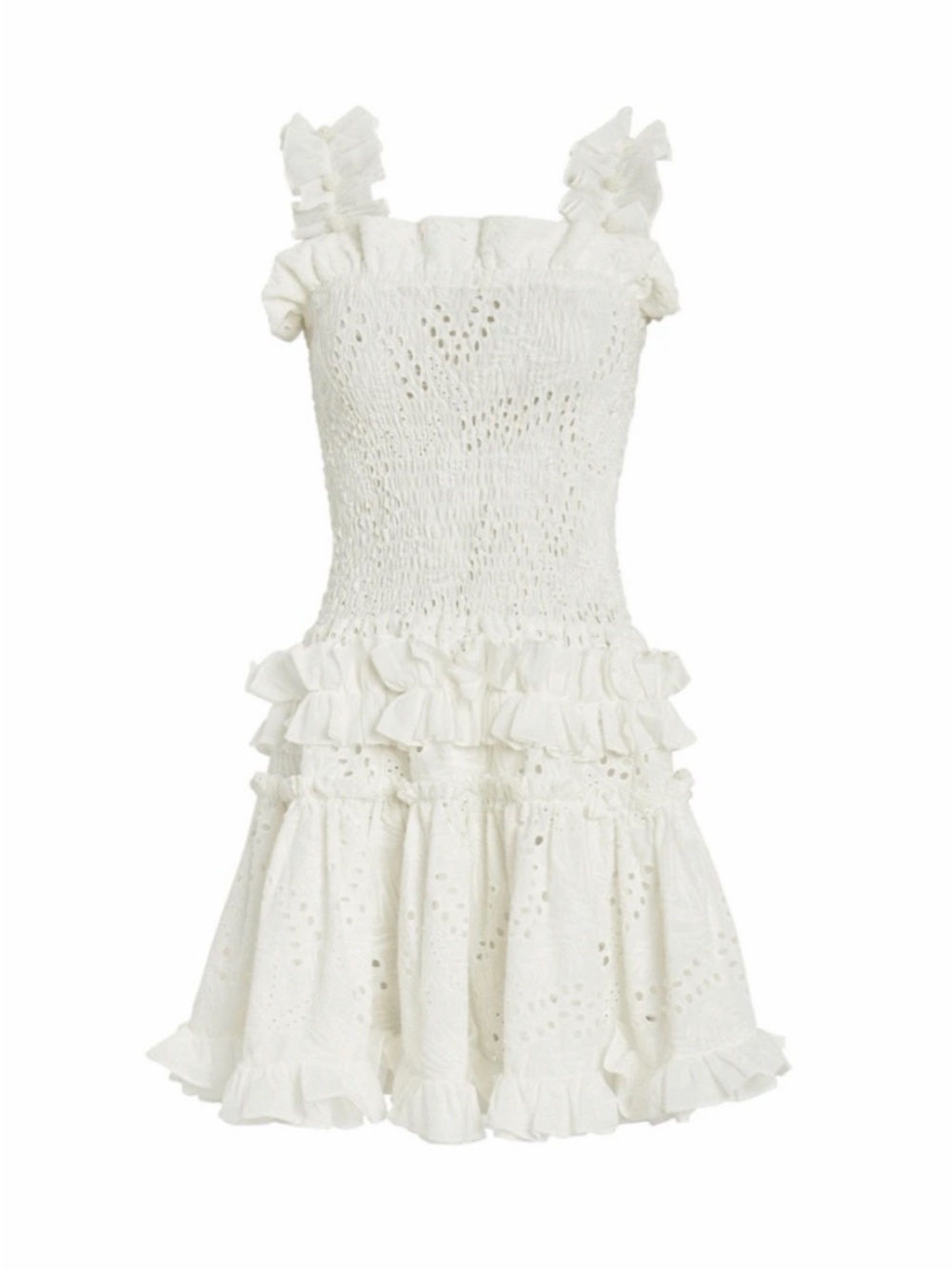 Waimari Alfresco White Eyelet Ruffle Mini Dress Size M | Smocked | VGUC